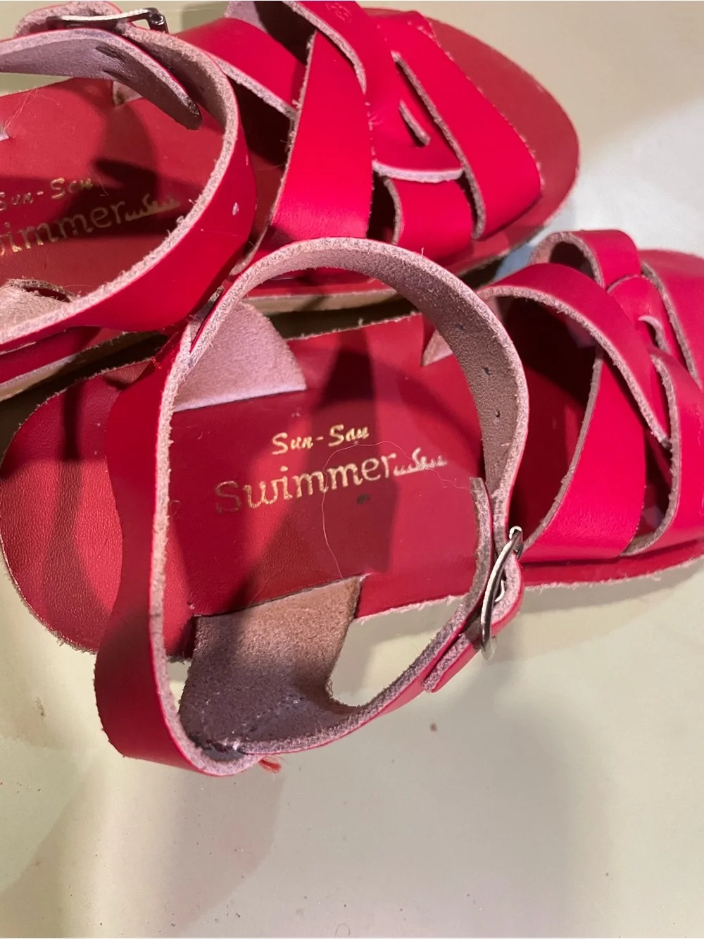 Sun - San Girls' Bright Red Leather Knot-Strap Sandals with Ankle Buckle